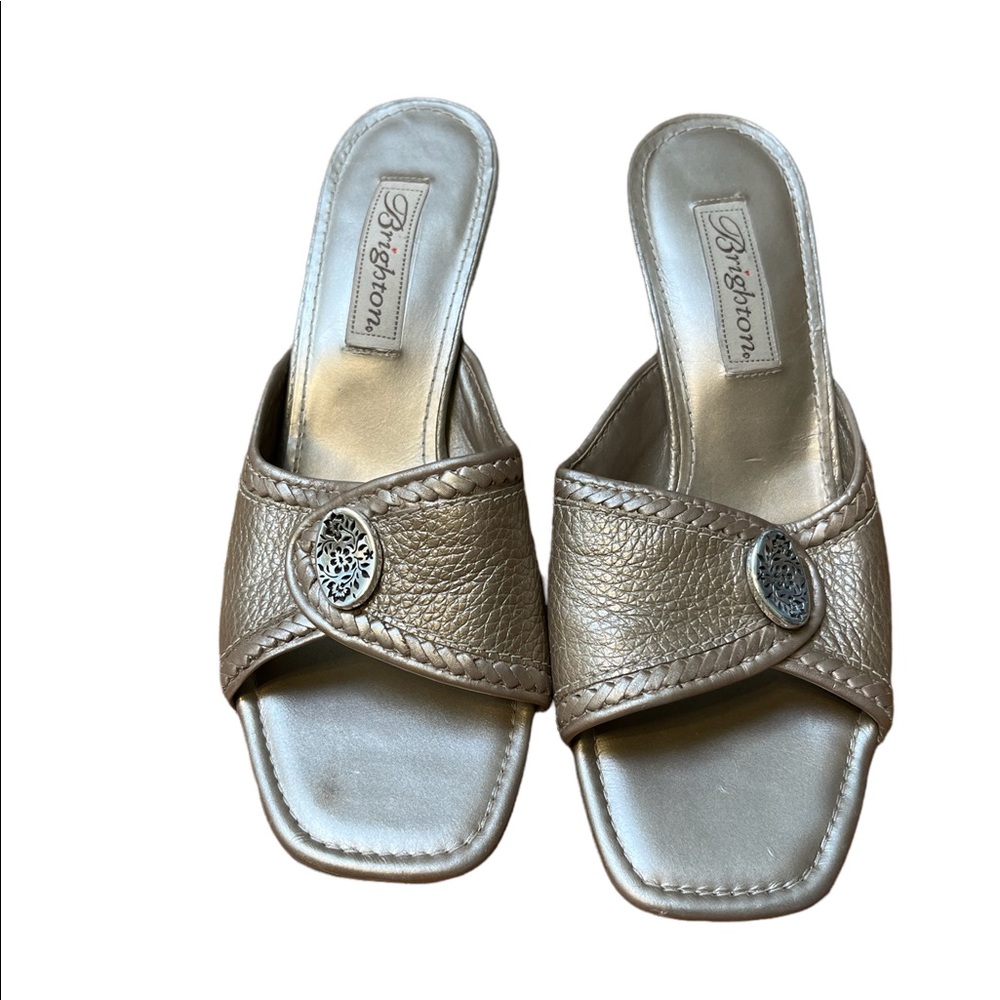 Brighton Women’s MetallicTaupe Parker Heeled Open Toe Leather Sandals